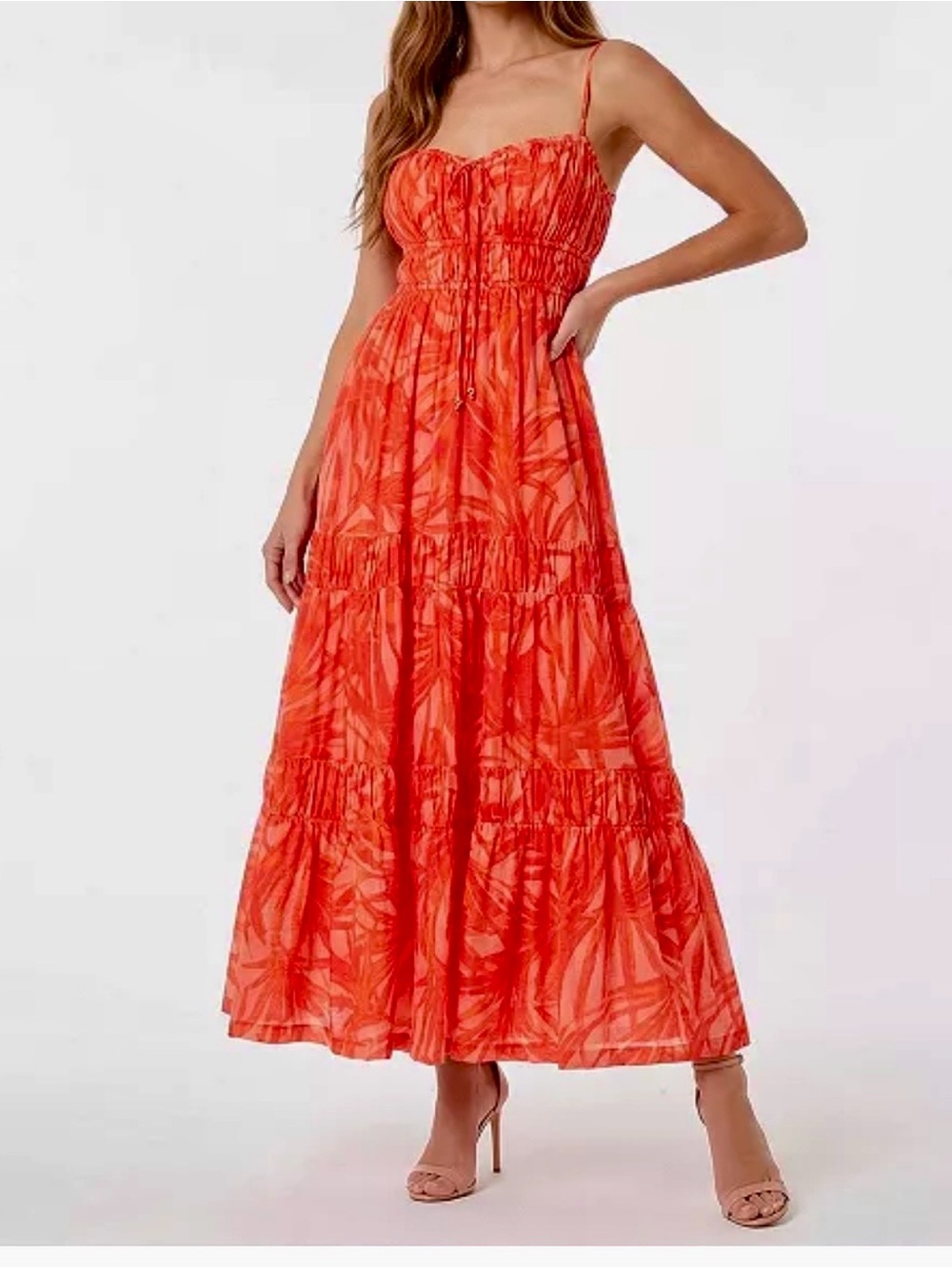 Taylor Coral-Orange Printed Maxi Dress with Spaghetti Straps Size M